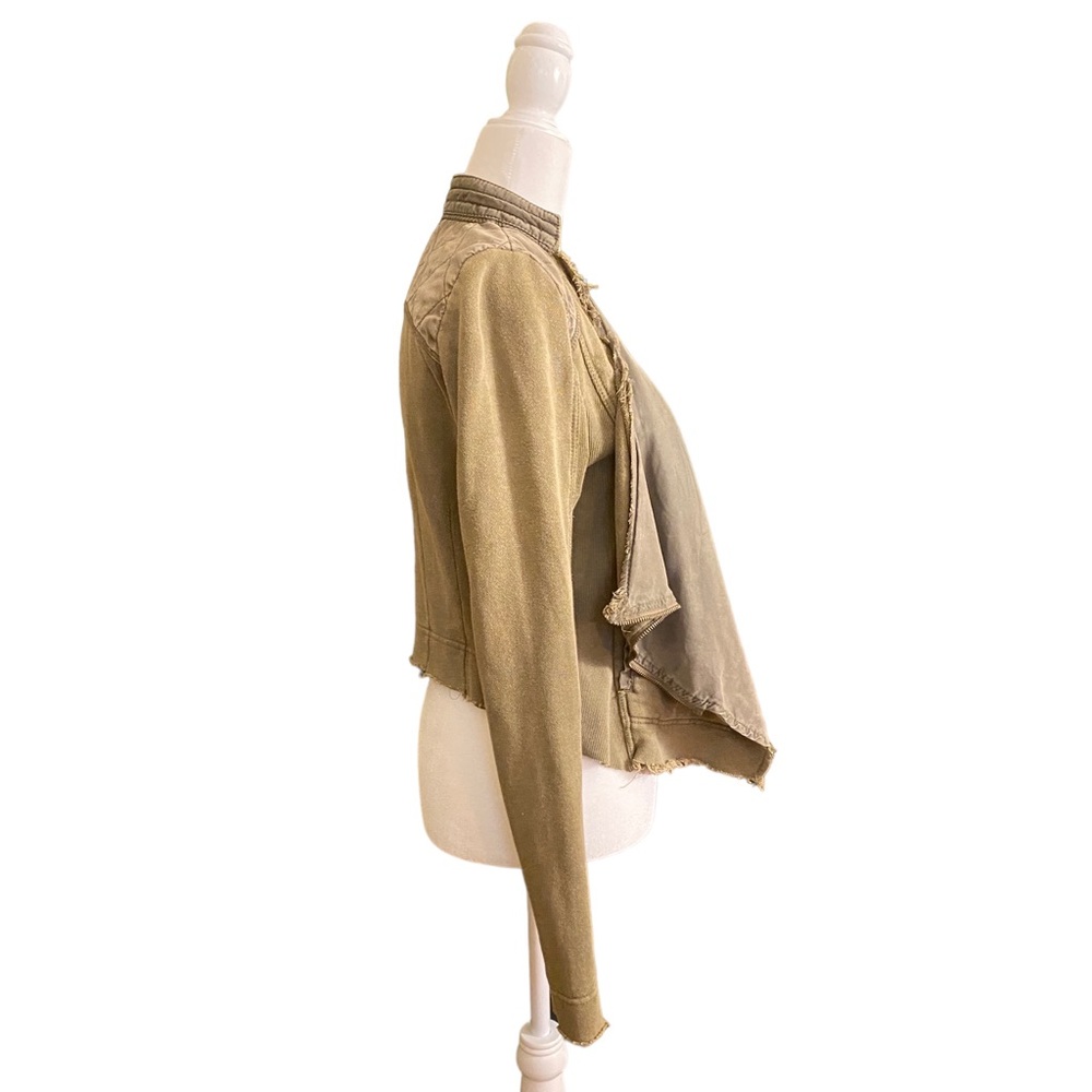 Free People Waterfall Motorcycle Jacket XS Distressed Army Green - Quilt Patches